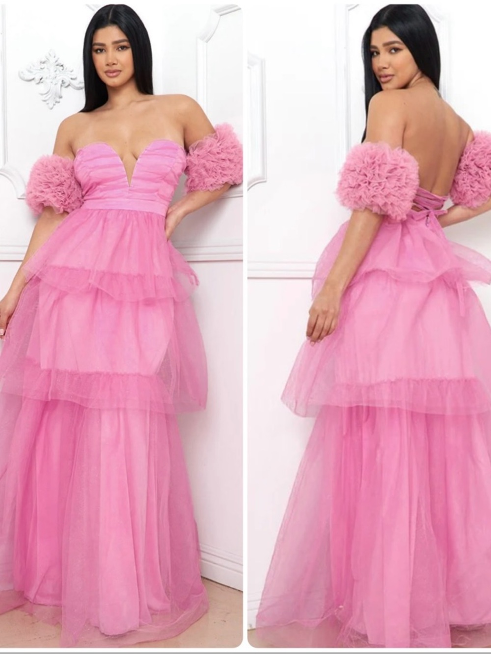 Pink Off-Shoulder Tiered Tulle Gown